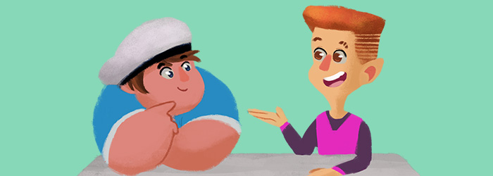 Meninos conversando: O da esquerda é mais gordo, usa camiseta azul e chapéu de marinheiro; o da direita é mais magro, usa um colete rosa sobre uma blusa cinza e tem orelhas pontiagudas