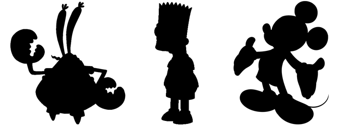 Silhuetas Personagens Famosos: Senhor Sirigueijo do Bob Esponja, Bart Simpson e Mickey Mouse
