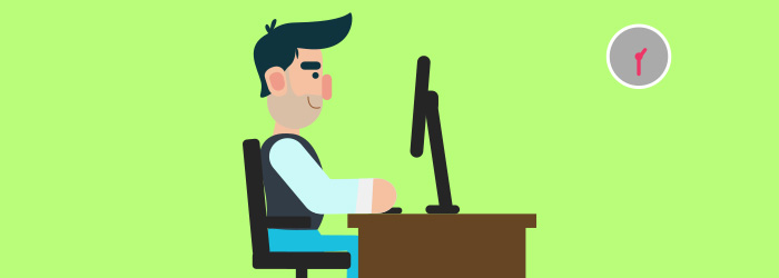 Homem cartoon, de perfil, sentado com postura correta na frente de um computador