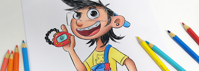 Desenho no papel colorido lápis de cor de menino estilo cartoon com tamagotchi na mão sorrindo
