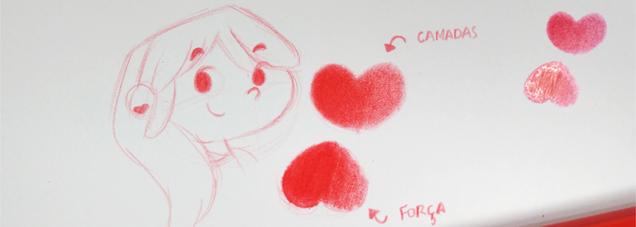Imagem mostrando maneiras de colorir com camadas e forçando o lápis no papel com desenho cartoon em cor vermelho com corações fofos