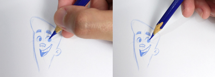 Imagem mostrando maneiras de como segurar o lápis para colorir com desenho cartoon azul no papel