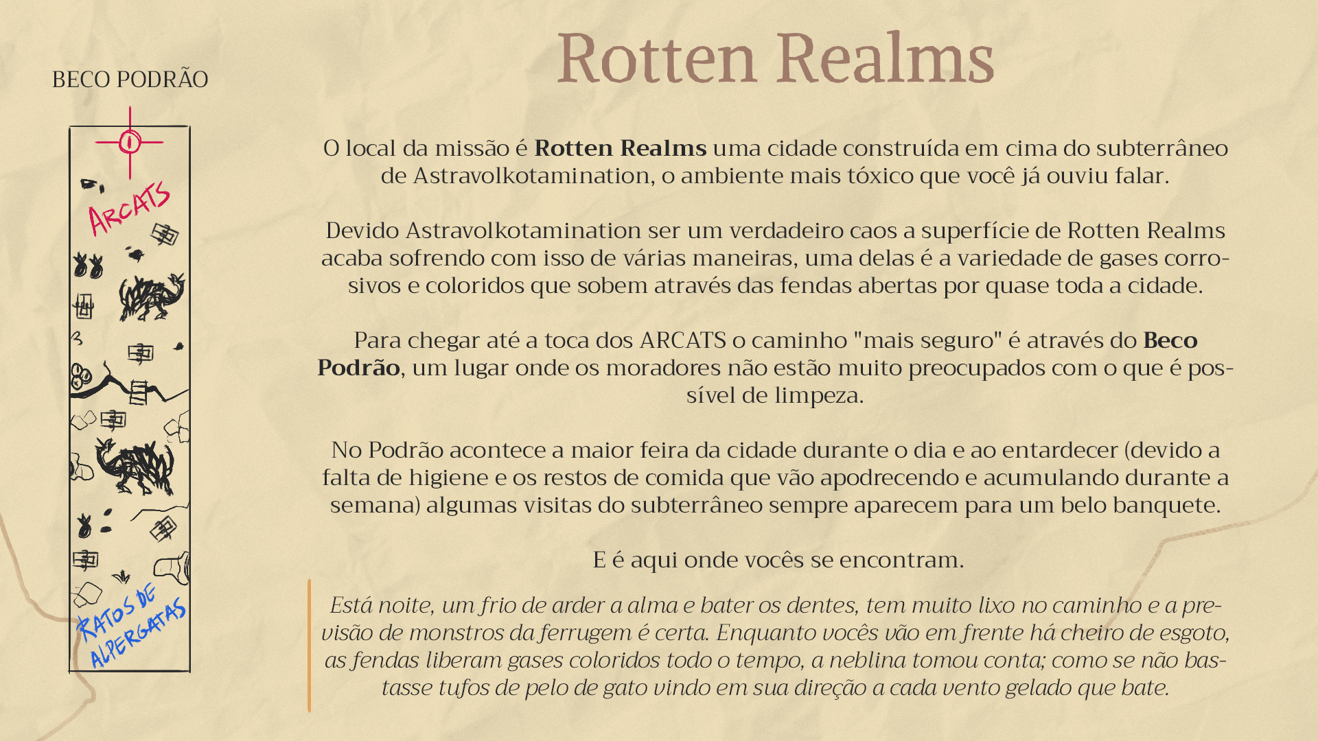 Imagem mostrando uma página envelhecida tipo de livros antigos explicando um pouco sobre o ambiente da cidade de Rotten Realms e o beco podrão