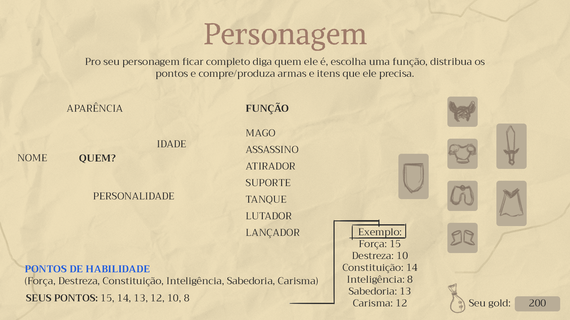 Imagem mostrando uma página envelhecida tipo de livros de RPG com instruções básicas para criação de um personagem