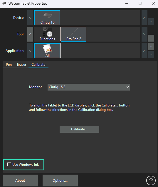 Opção Use Windows Ink nas configurações