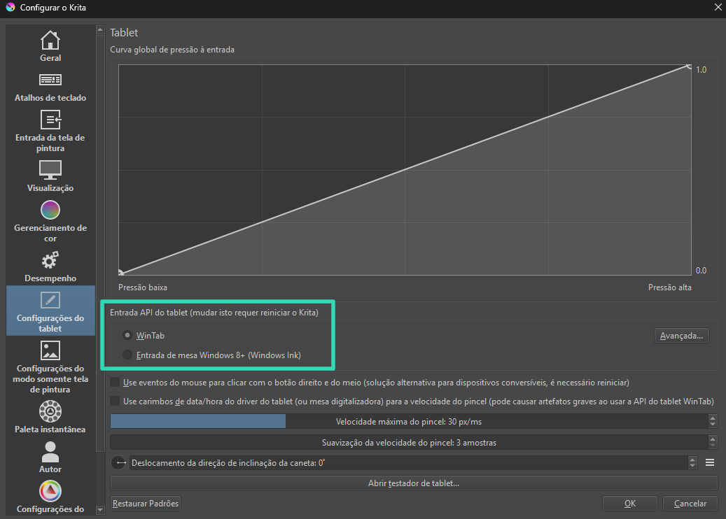 Entrada API do tablet no Krita