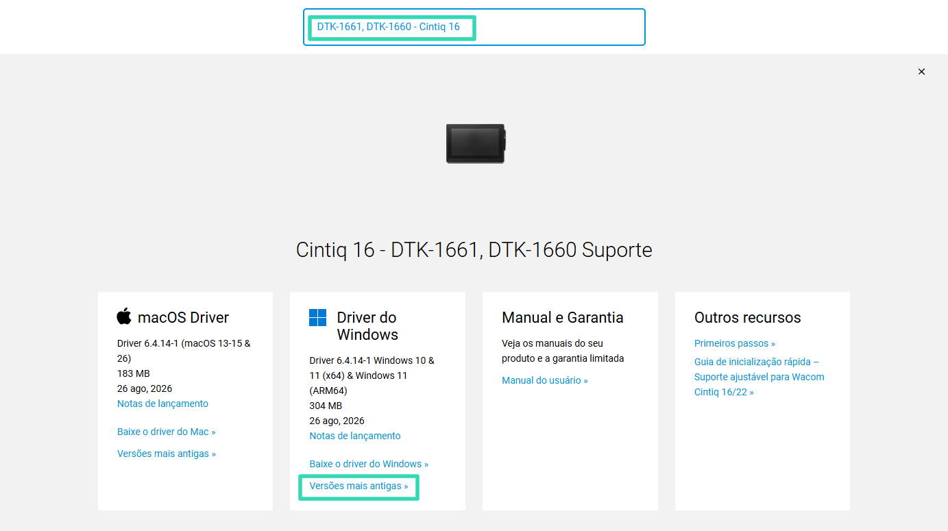 Versões antigas do driver para Windows